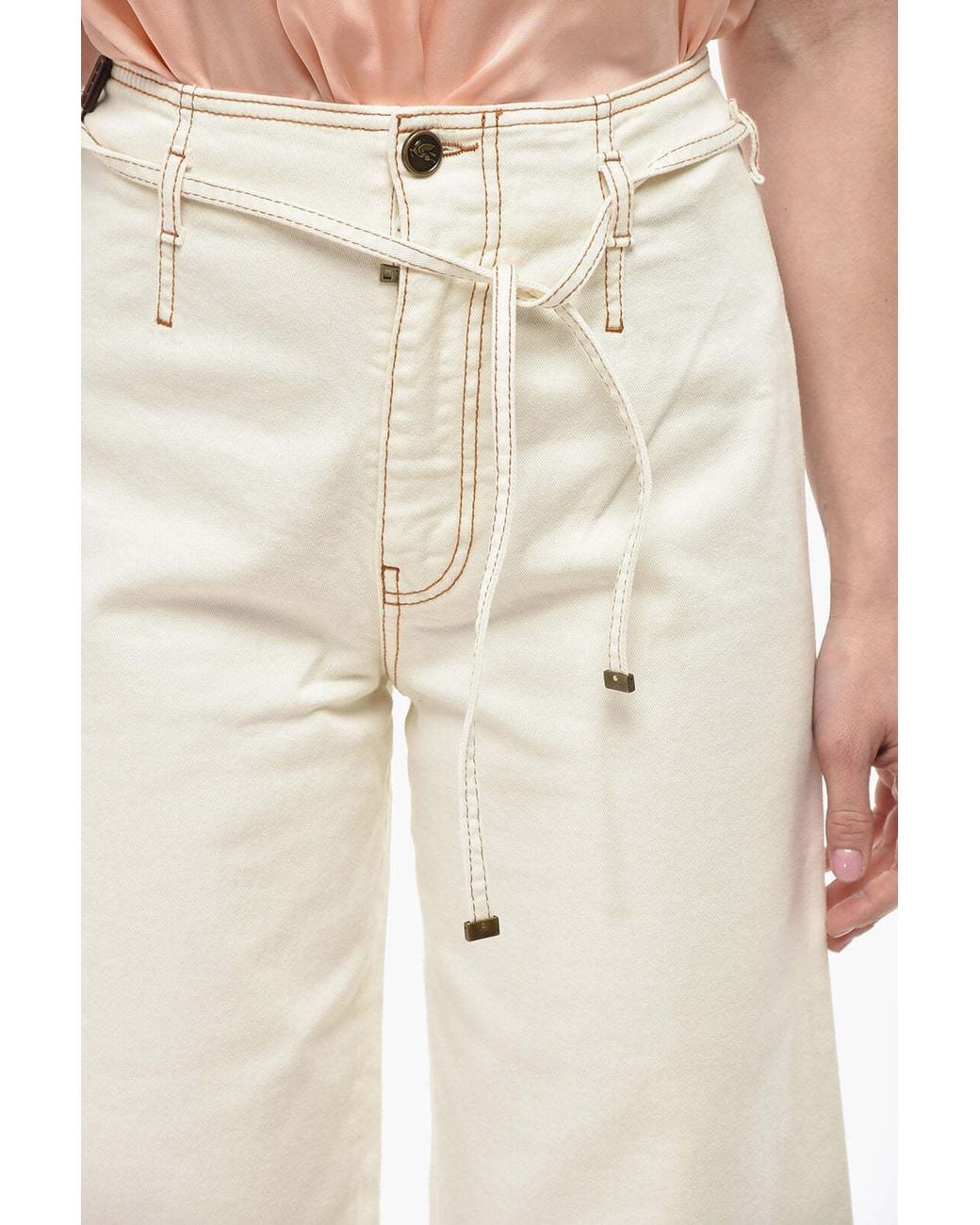Etro Natural Wide-Leg Trousers With Topstitching