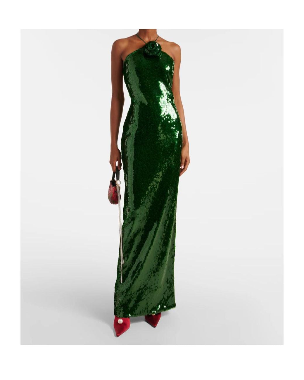 Magda Butrym Green Floral-Applique Sequined Halterneck Gown