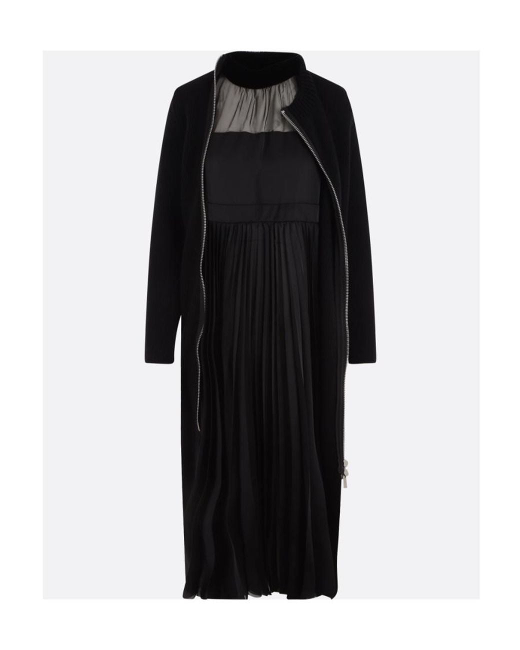 Sacai Black Layered Pleated Zip-Up Midi Dress