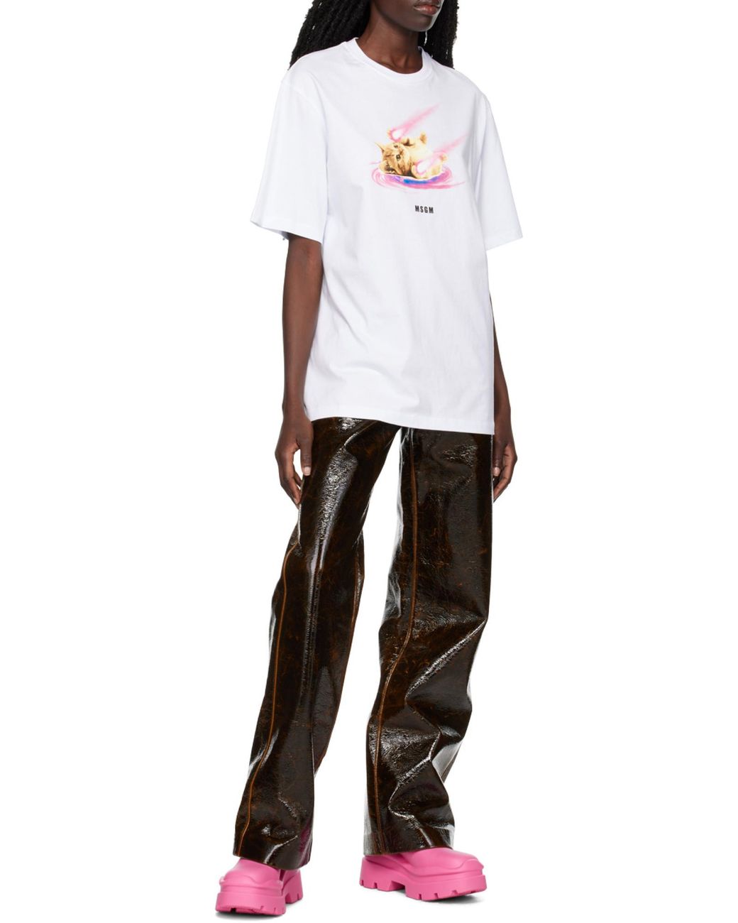 MSGM White 'Space Cat' Designs Cotton T-Shirt With Round Neck