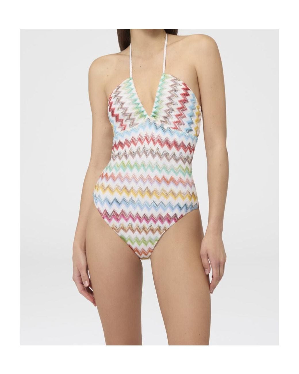 Missoni White Zigzag-Knit Halterneck Swimsuit