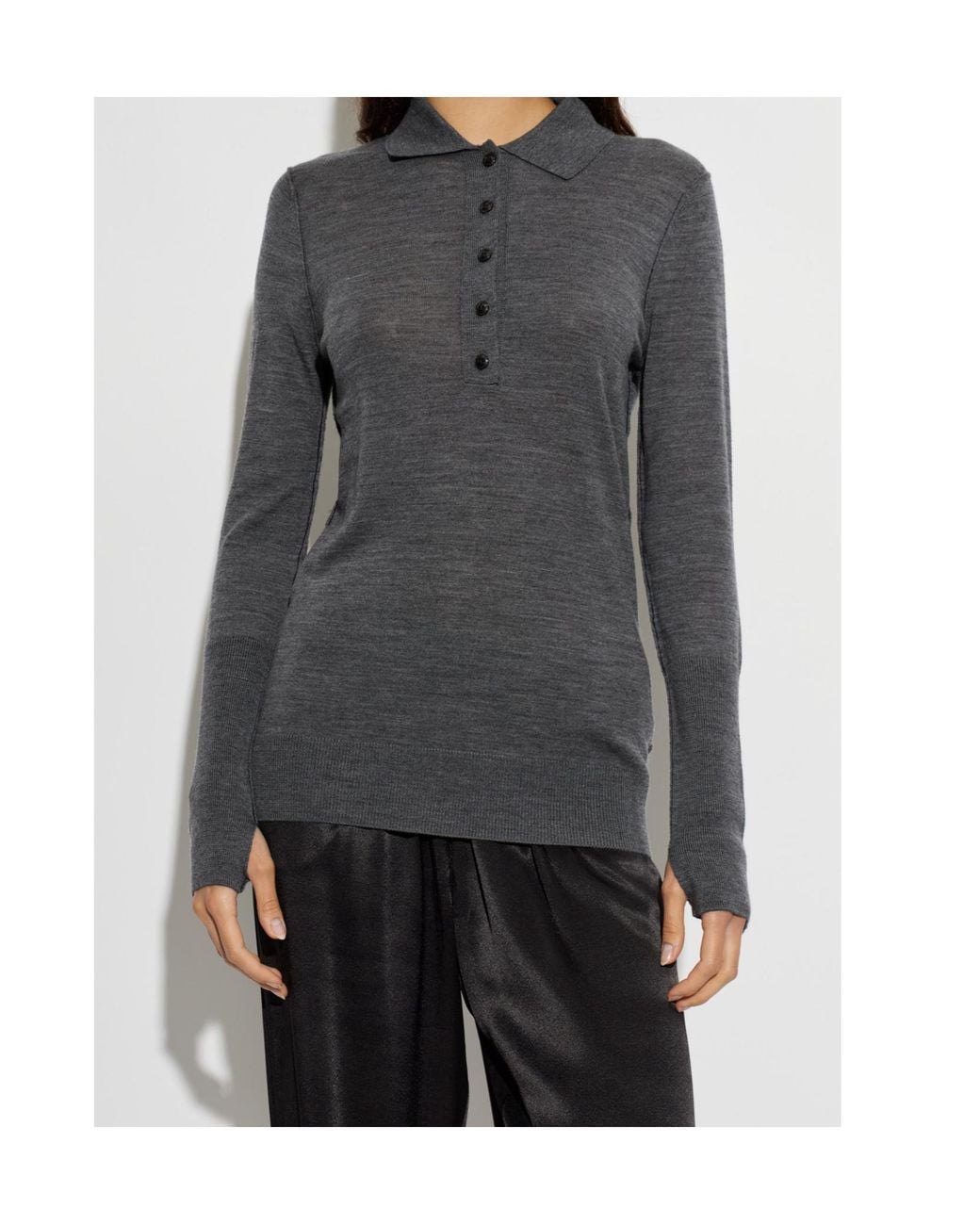 AllSaints Gray Martel Long-Sleeve Polo-Collar Knit Top