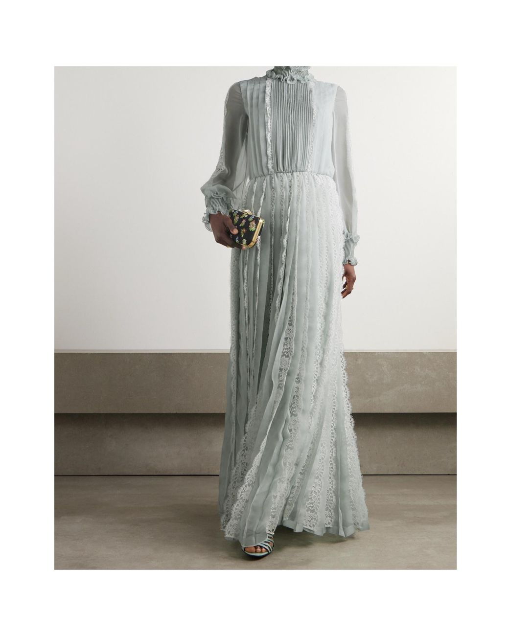 Valentino Gray Ruffled Lace-Trimmed Pleated Silk-Chiffon Gown