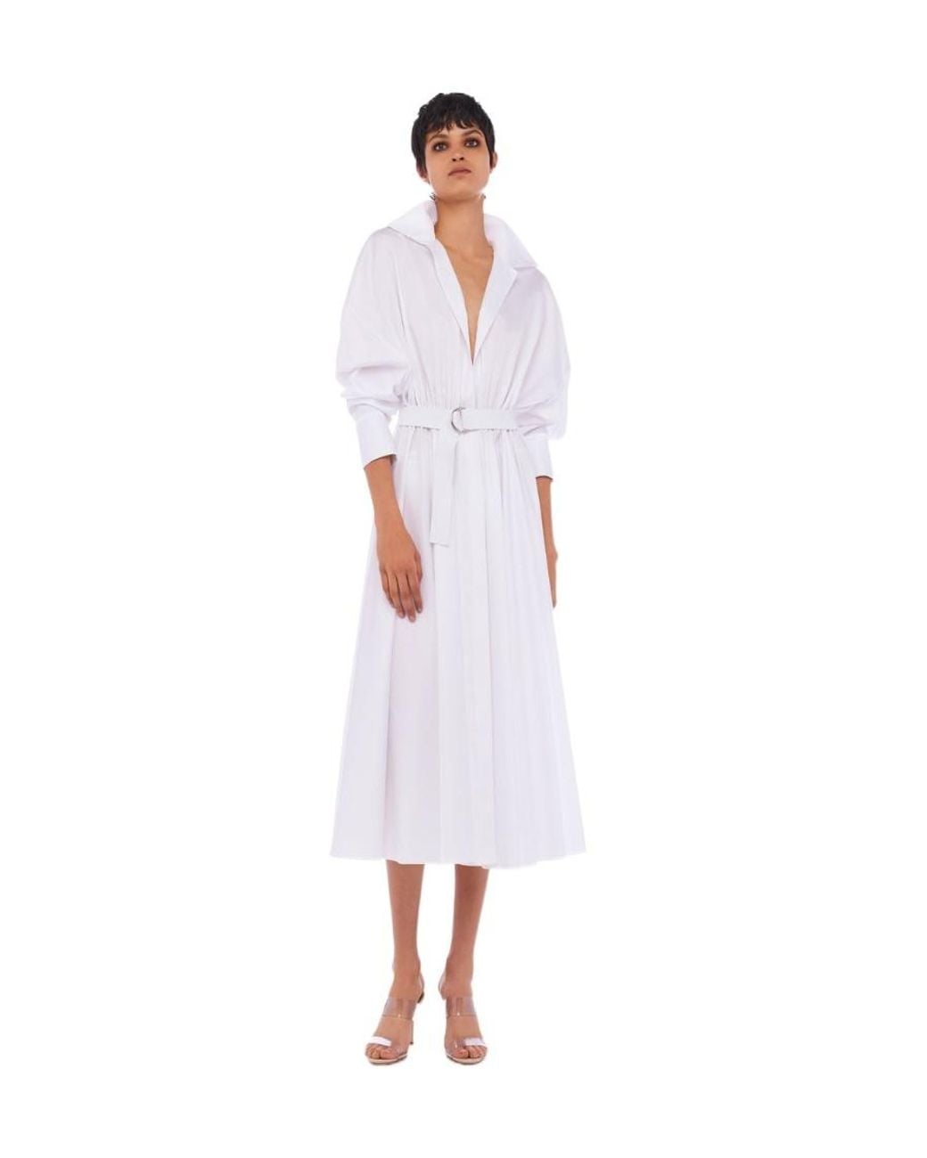 Norma Kamali White Belted-Detail Midi Shirt Dress