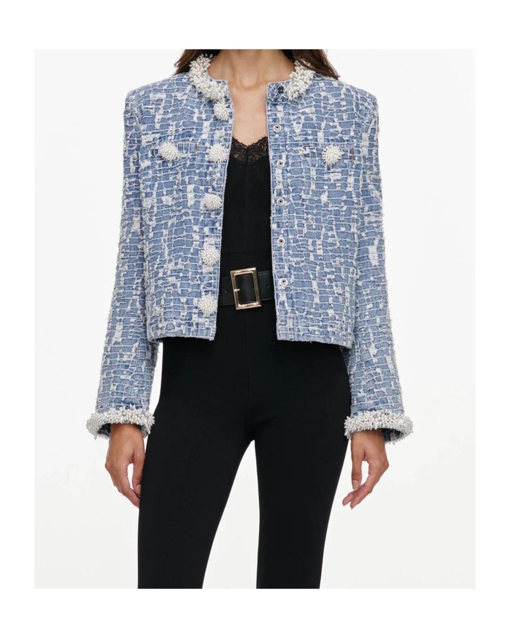 Self-Portrait Blue Textured Denim Jacket