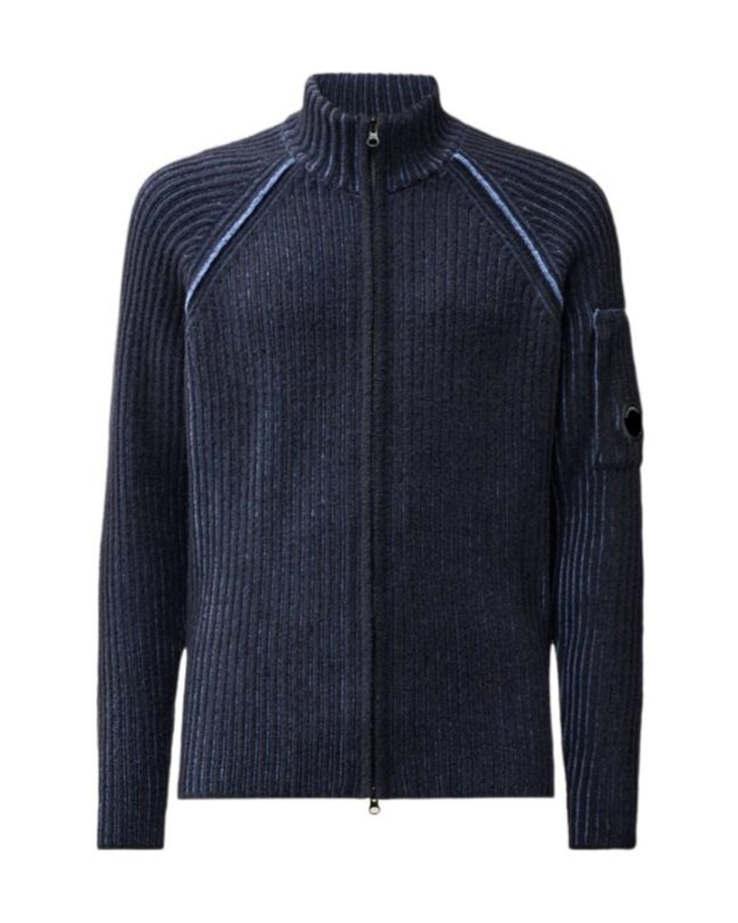 C P Company Blue Fleece Knit Lens Full Zip Cardigan for men