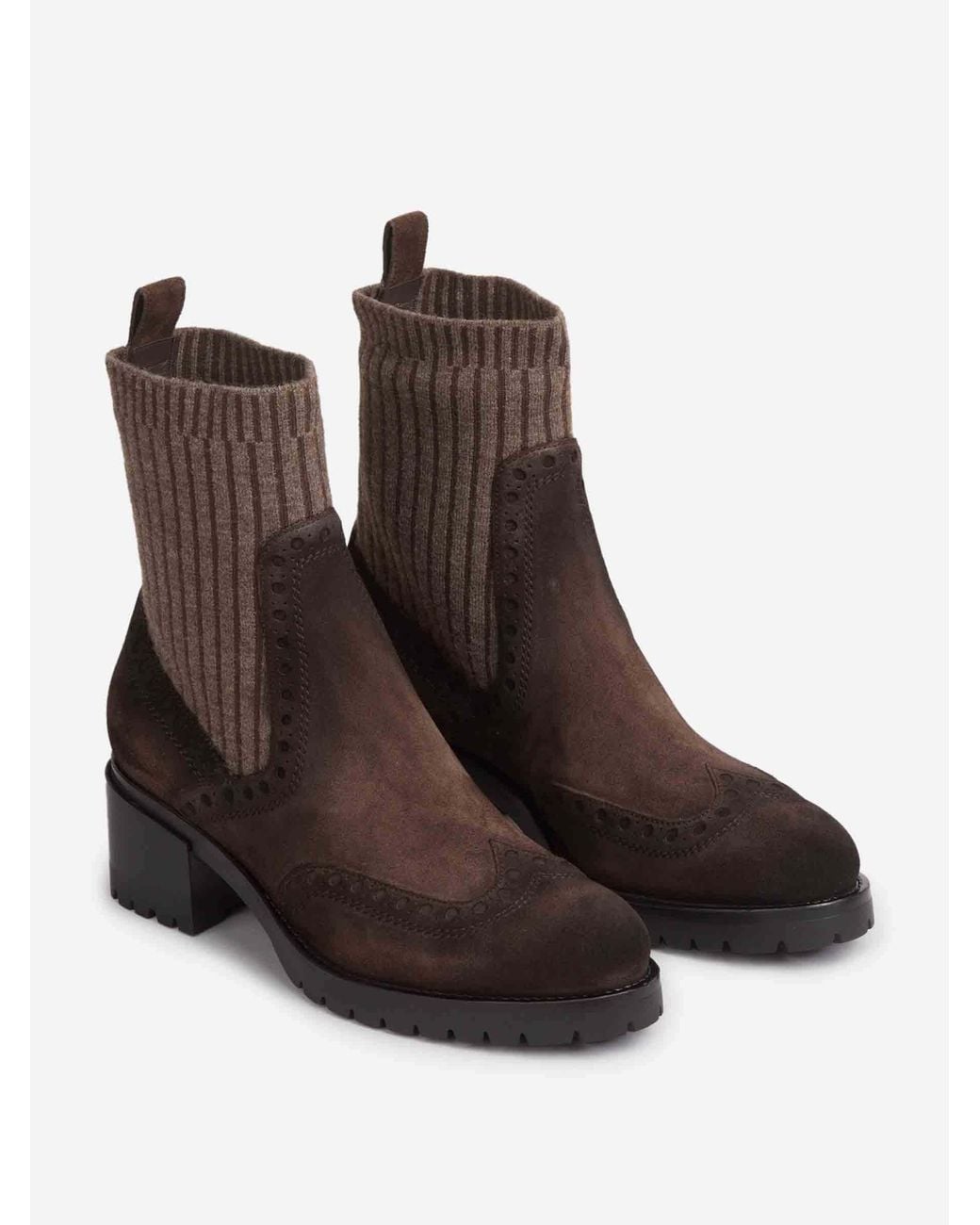 Santoni Brown Brogue-Detail Sock Ankle Boots