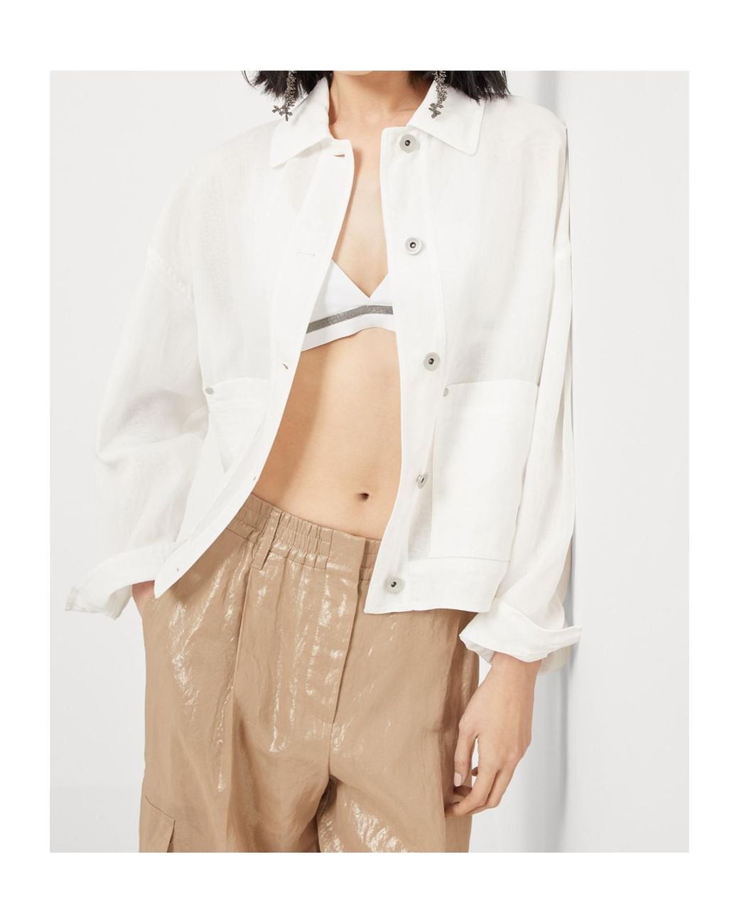Brunello Cucinelli White Monili Chain-Detail Organza Jacket