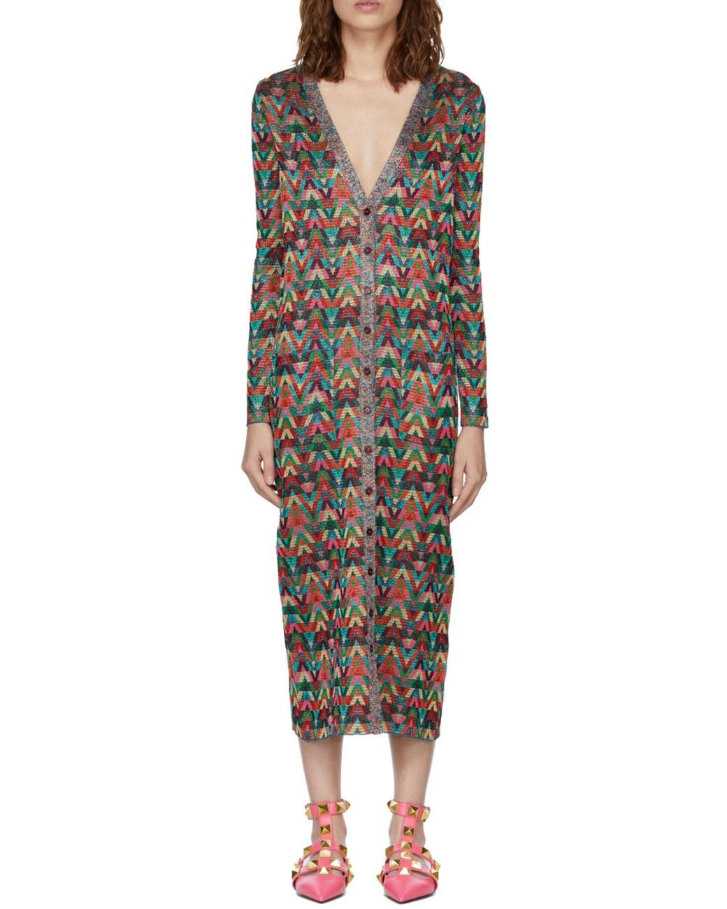 Valentino Brown Jacquard Optical-Pattern Lurex Long Cardigan
