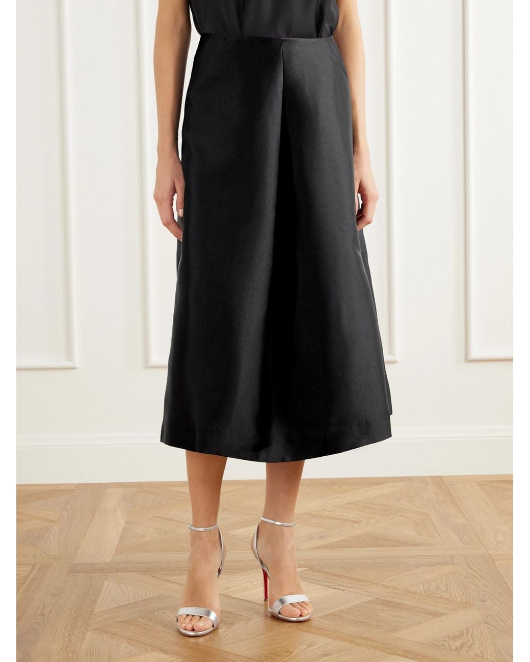 Jonathan Simkhai Black Vexa Pleated Satin Midi Skirt