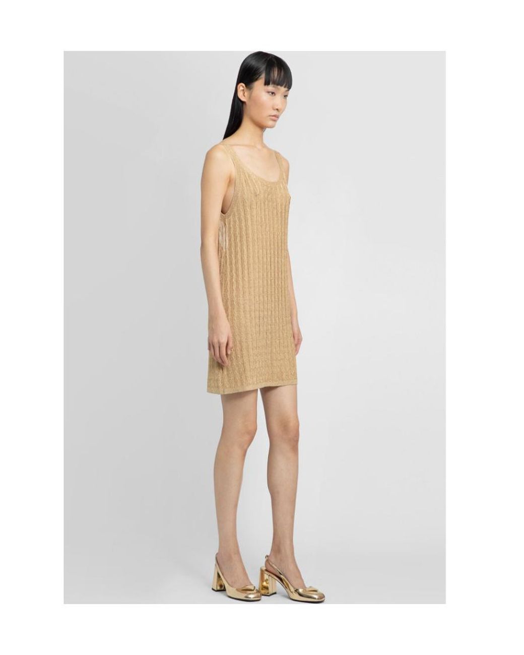 Prada Natural Sleeveless V-Neck Midi Dress