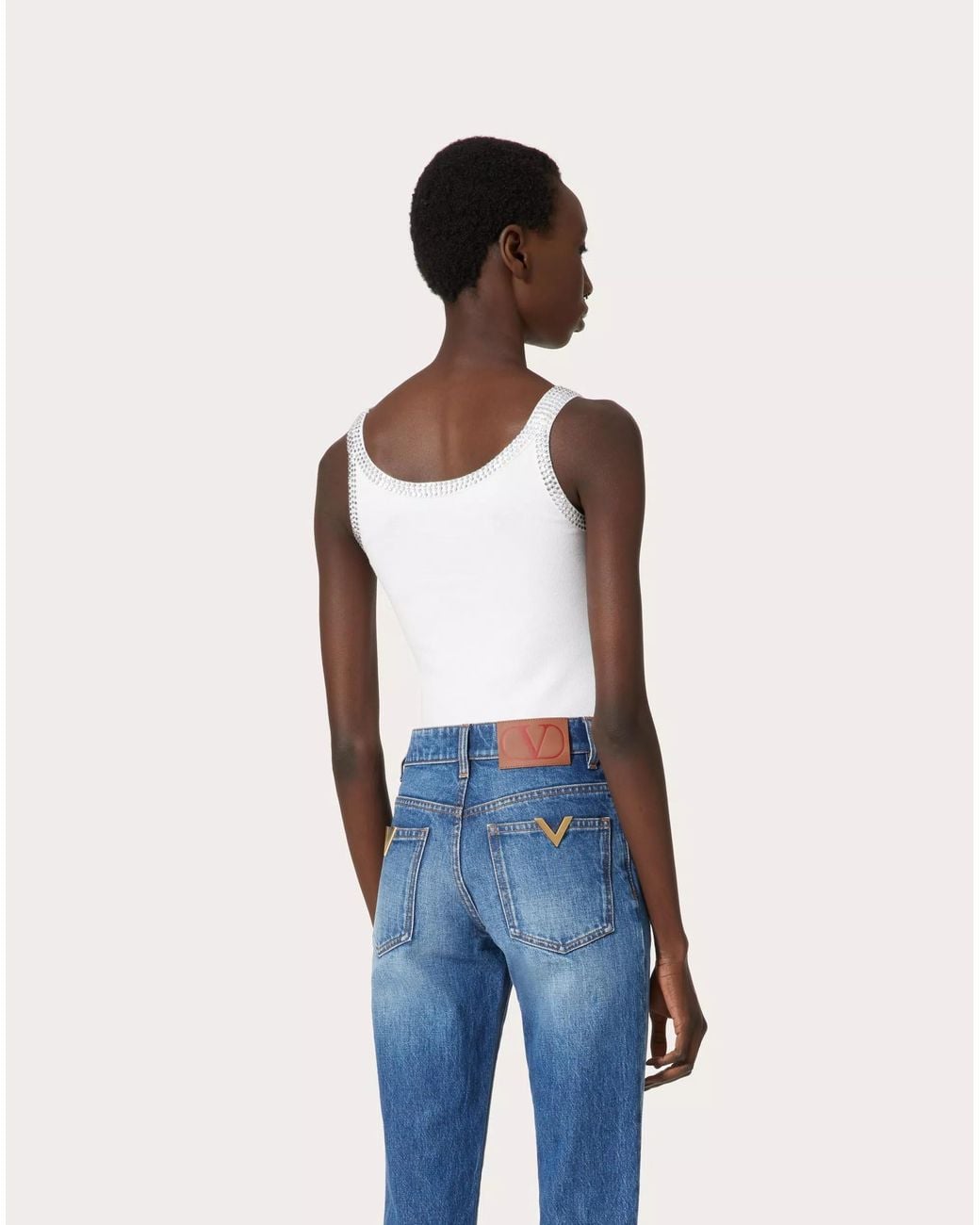 Valentino White Embroidered Rhinestone-Detail Tank Top
