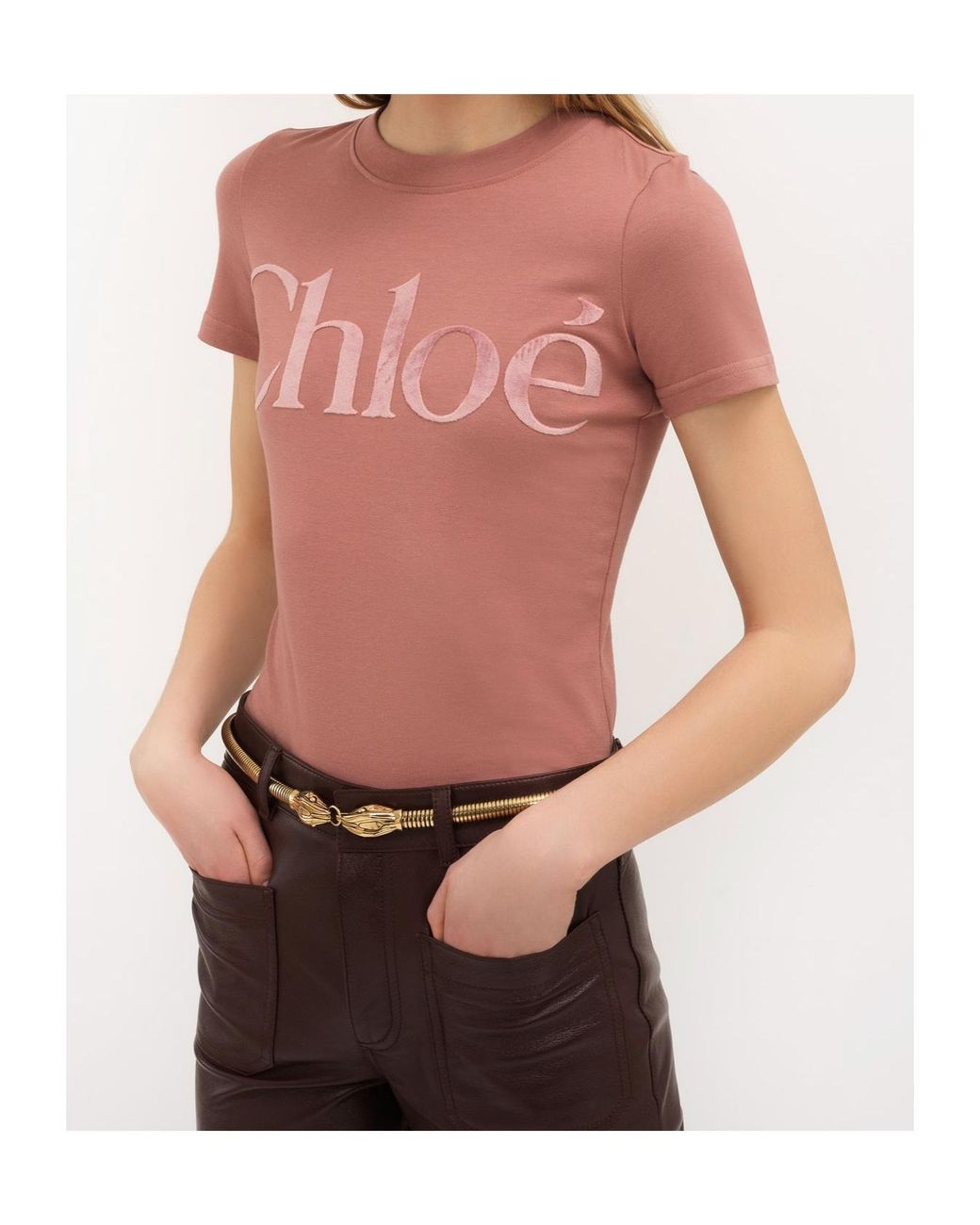Chloé Pink Chloé Logo Detailed Crewneck T-Shirt