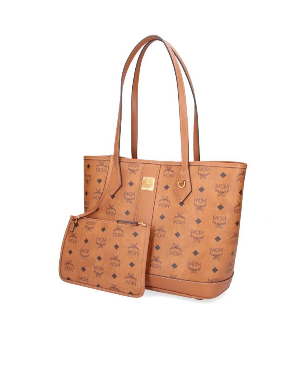 MCM Brown Logo Plaque Monogram Tote Bag