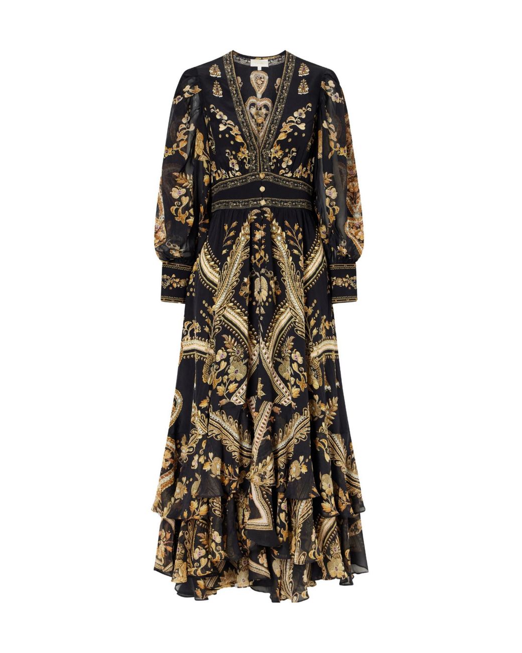 Camilla Black Embroidered Printed Silk-Crepe Maxi Dress