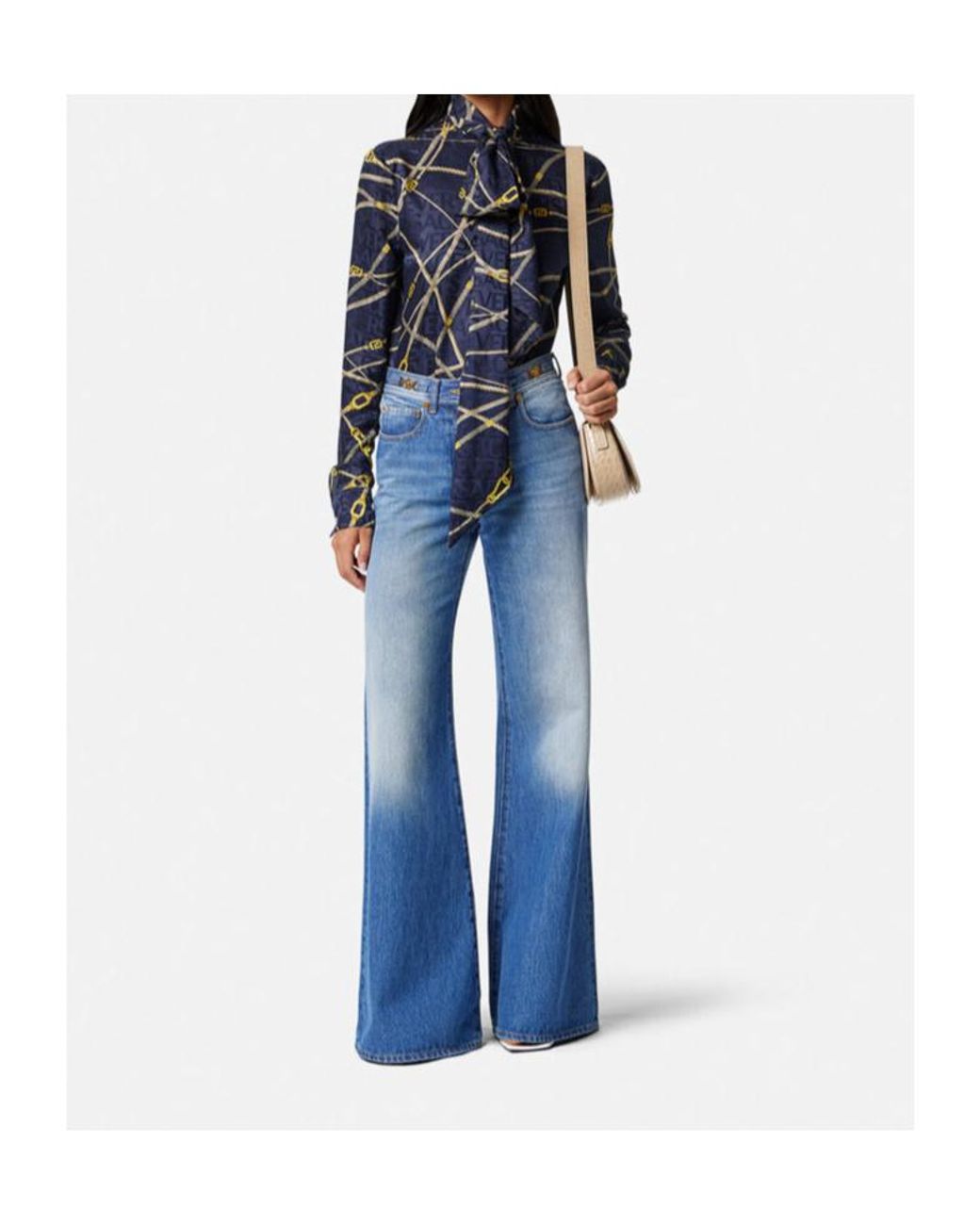 Versace Blue Medusa 95 Logo-Engraved Mid-Rise Flared Jeans