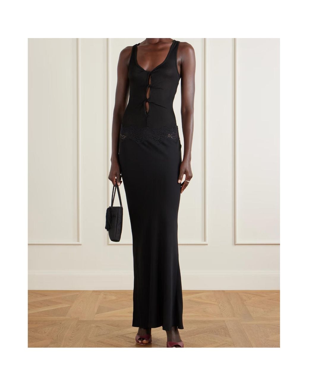 Christopher Esber Black Verner Cut-Out Ribbed-Detail Lace-Trimmed Jersey Midi Dress