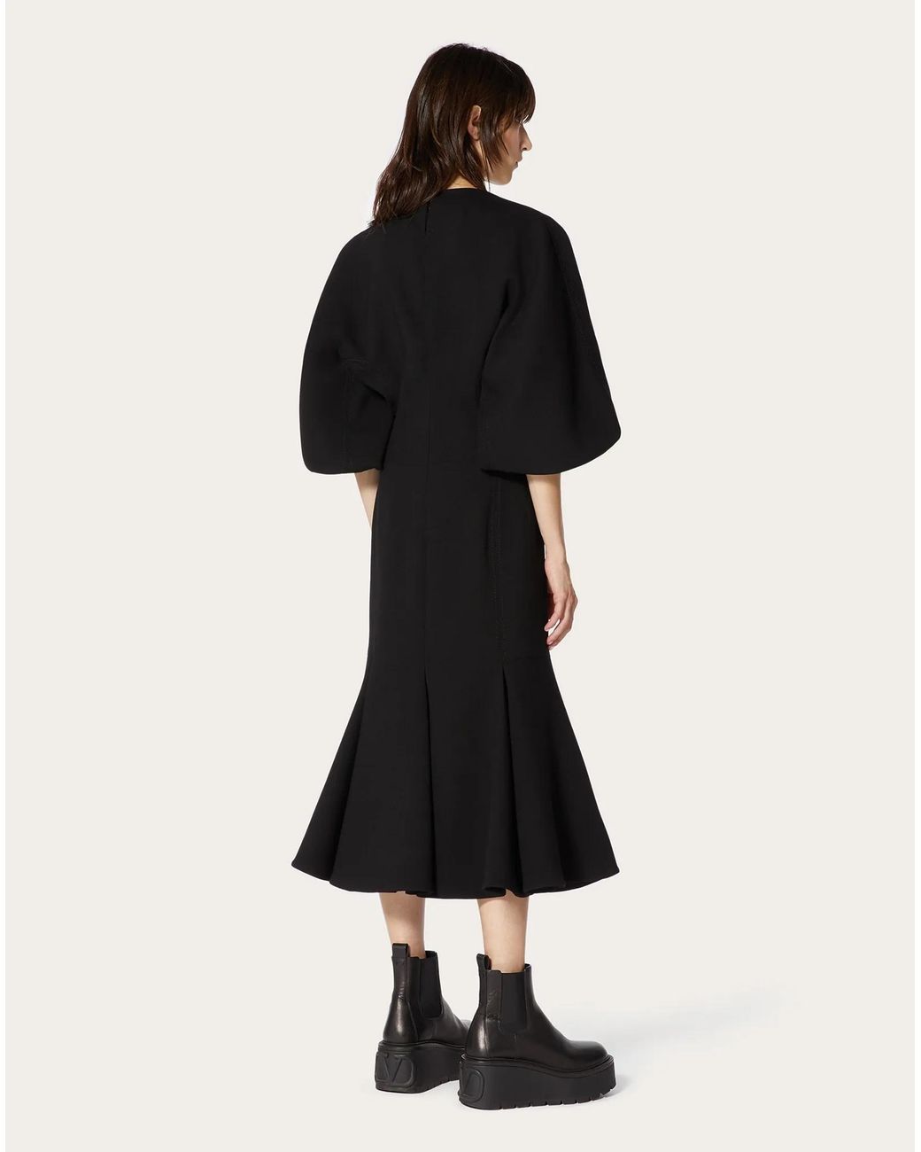 Valentino Black Gathered-Sleeve V-Neck Midi Dress