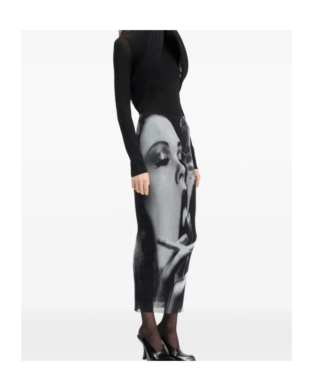 Jean Paul Gaultier Gray Mesh Printed Long Skirt