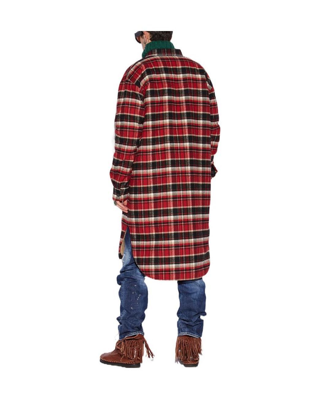 DSquared² Red Plaid-Check Printed Buttoned Shirt Coat for men