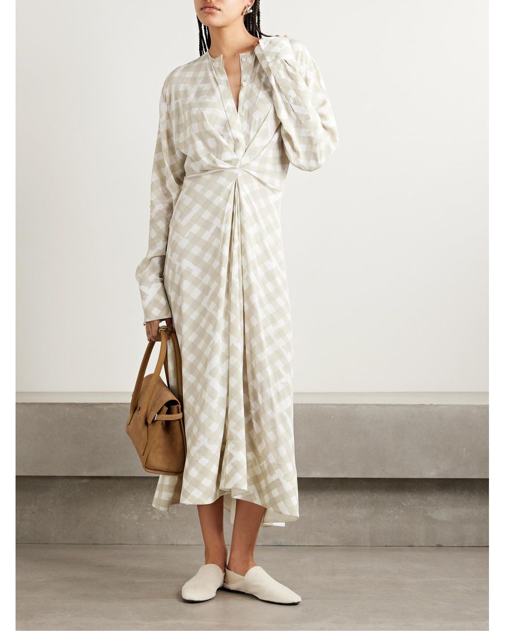 Proenza Schouler White Keria Gathered Checked Crepe De Chine Midi Dress