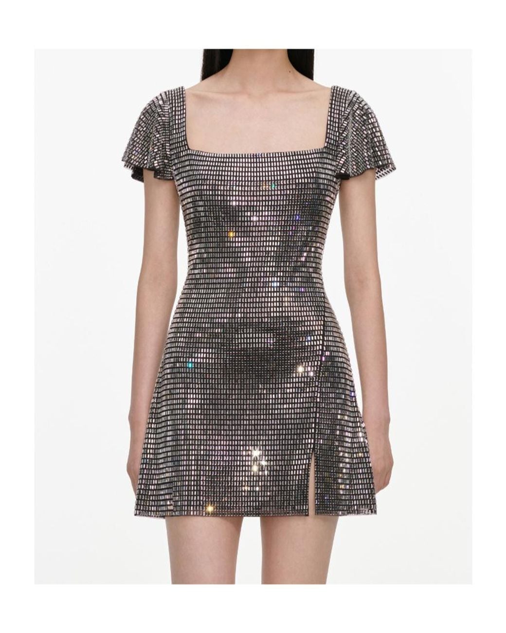 Self-Portrait Gray Rhinestone Mesh Mini Dress