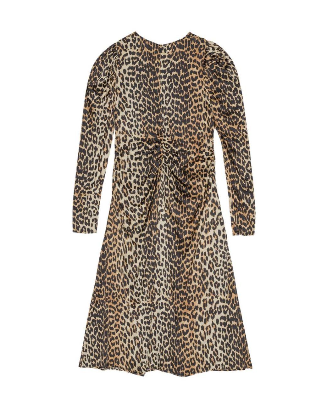 Ganni Multicolor Leopard Print Satin Ruched Midi Dress