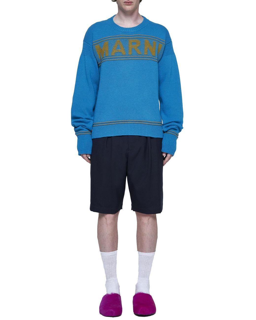 Marni Blue Logo Intarsia-Knit Jumper for men
