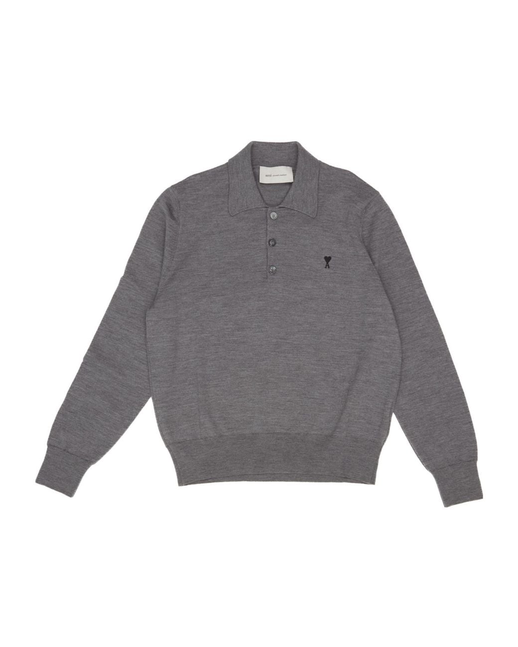AMI Gray Long-Sleeve Knitted Polo Shirt for men