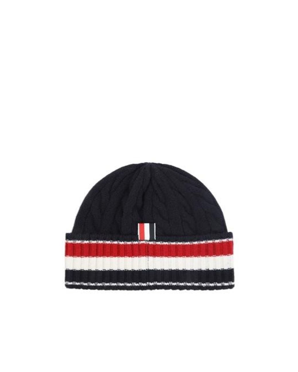 Thom Browne Blue Cable-Knit Stripe Beanie Hat for men