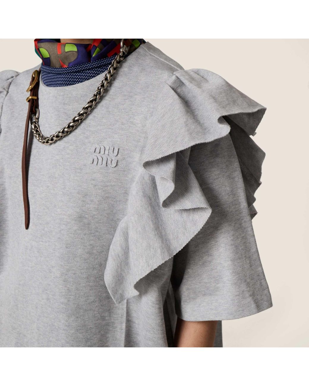 Miu Miu Gray Ruffled Crewneck Dress