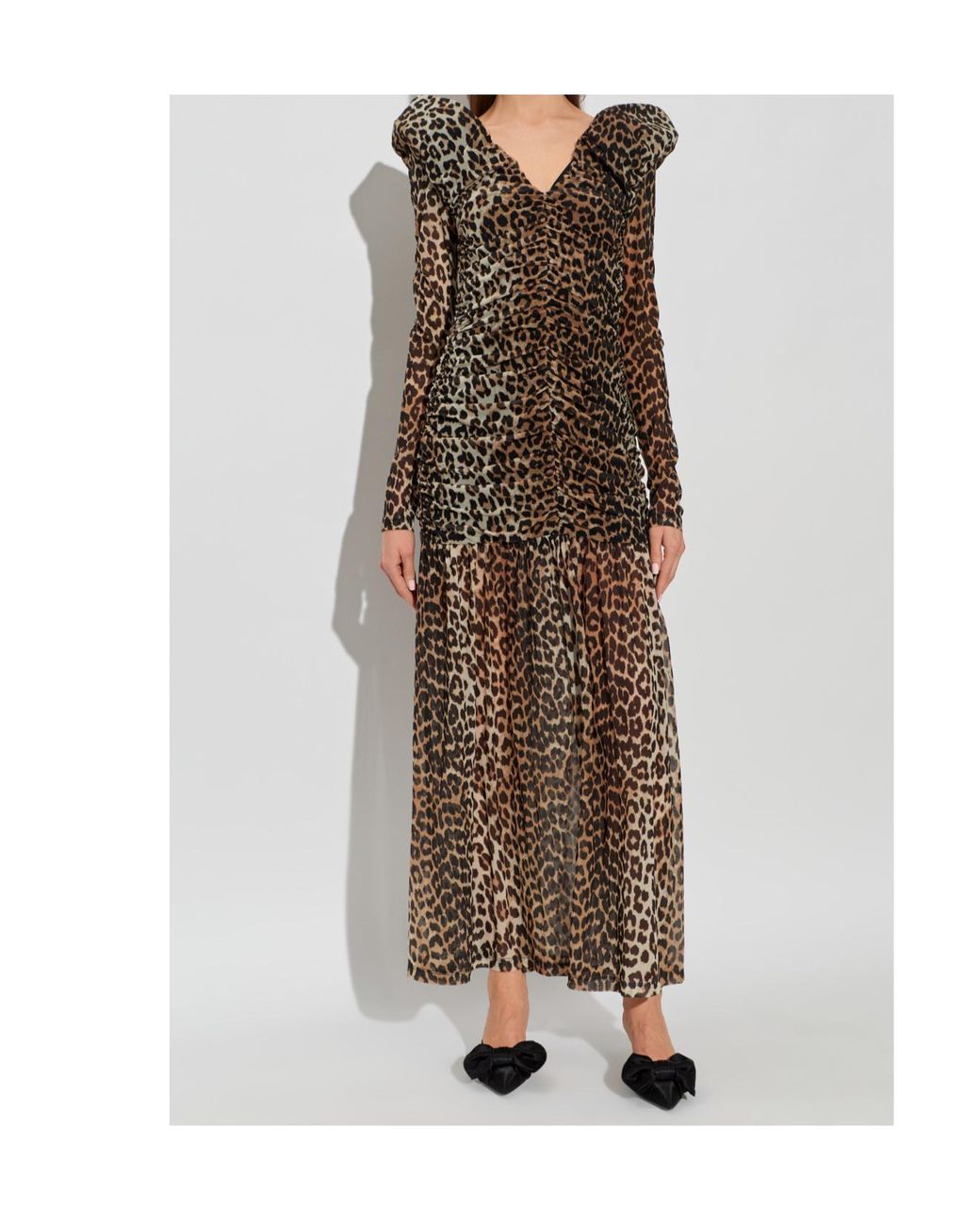Ganni Natural Leopard Printed V-Neck Dress