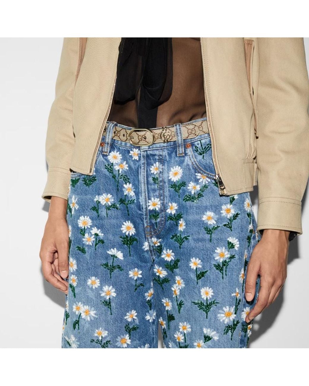 Gucci White Gg Belt With Oval Buckle