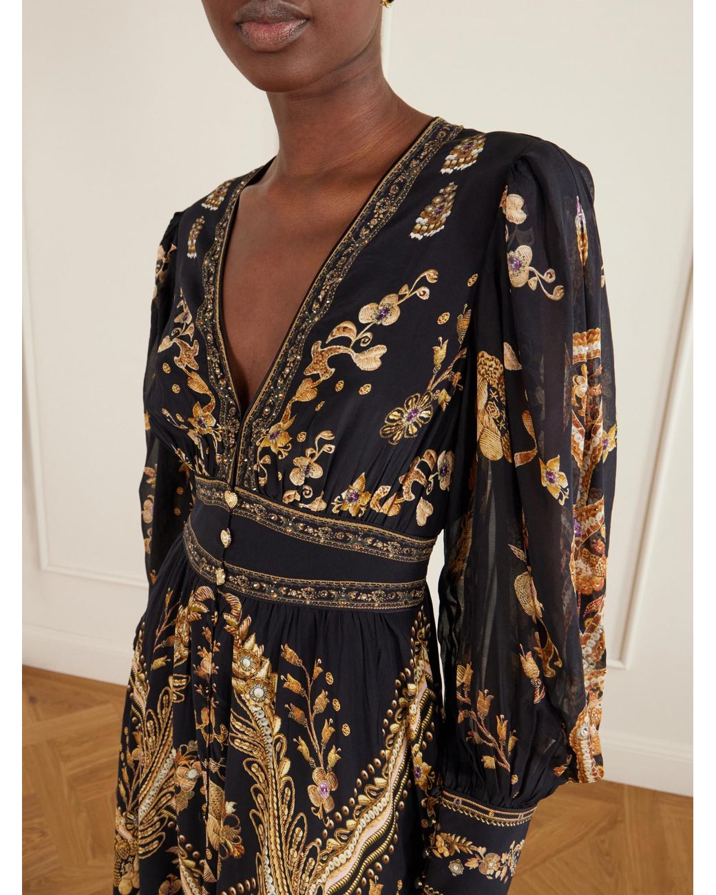 Camilla Black Embroidered Printed Silk-Crepe Maxi Dress