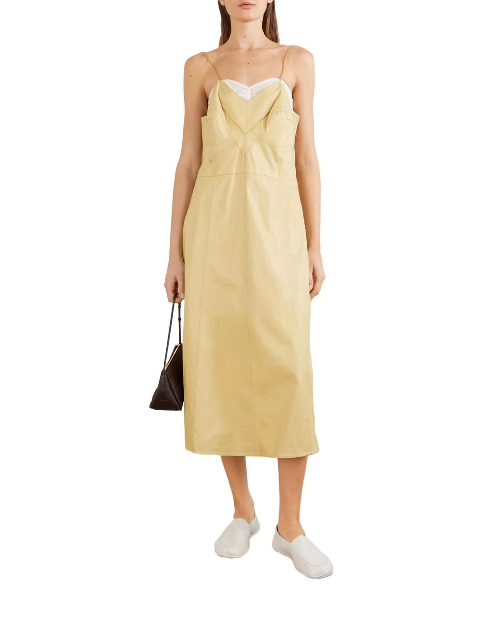 Calvin Klein Yellow Pleated Leather Slip Midi Dress