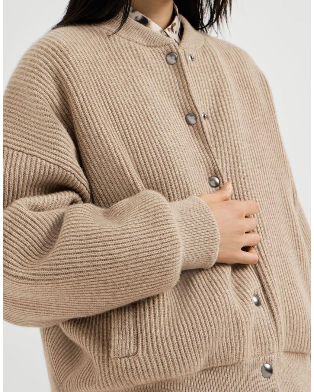 Brunello Cucinelli Brown Cashmere English Rib Knit Bomber Jacket With Thermore Padding
