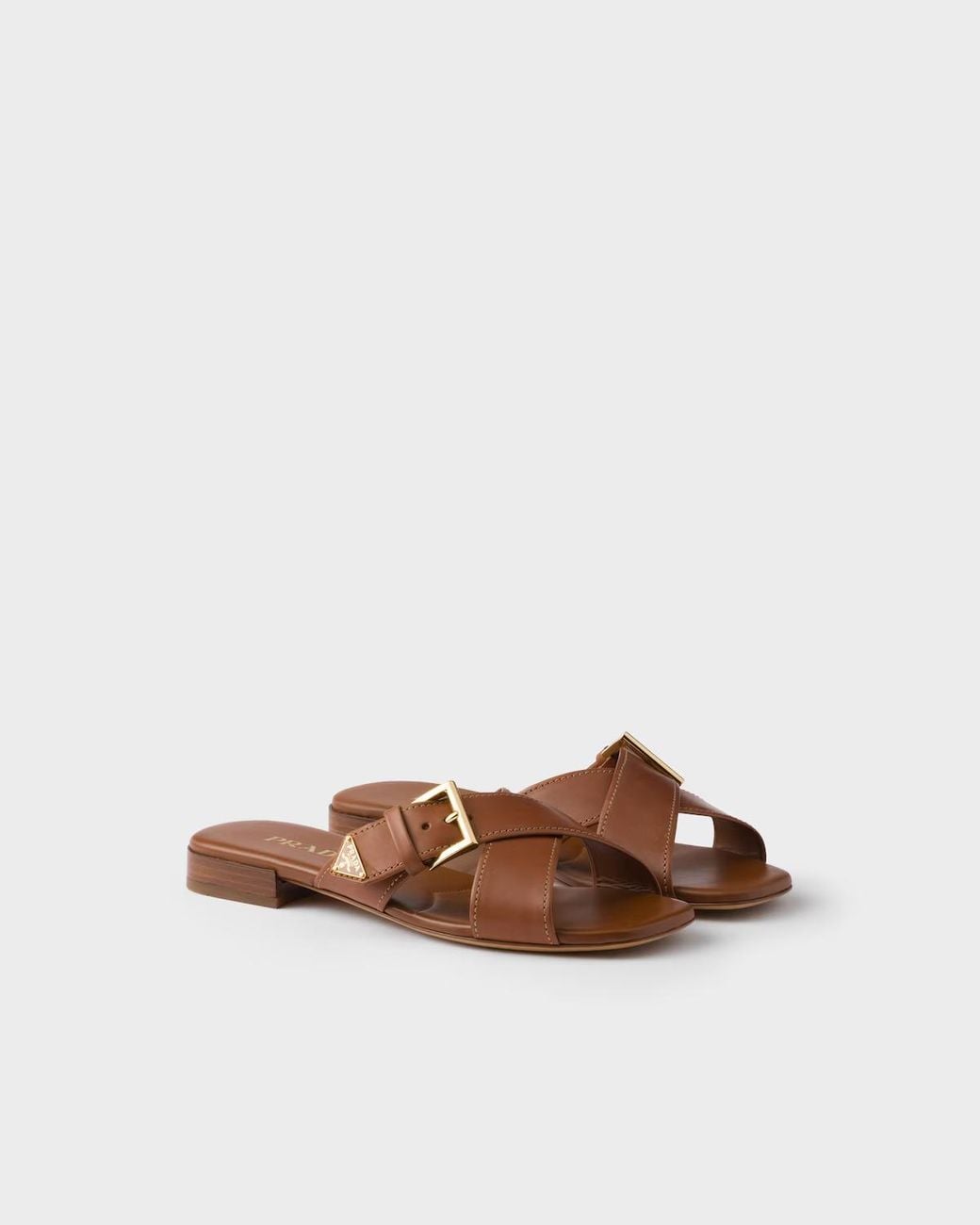 Prada Brown Logo Plaque Buckled Sandals