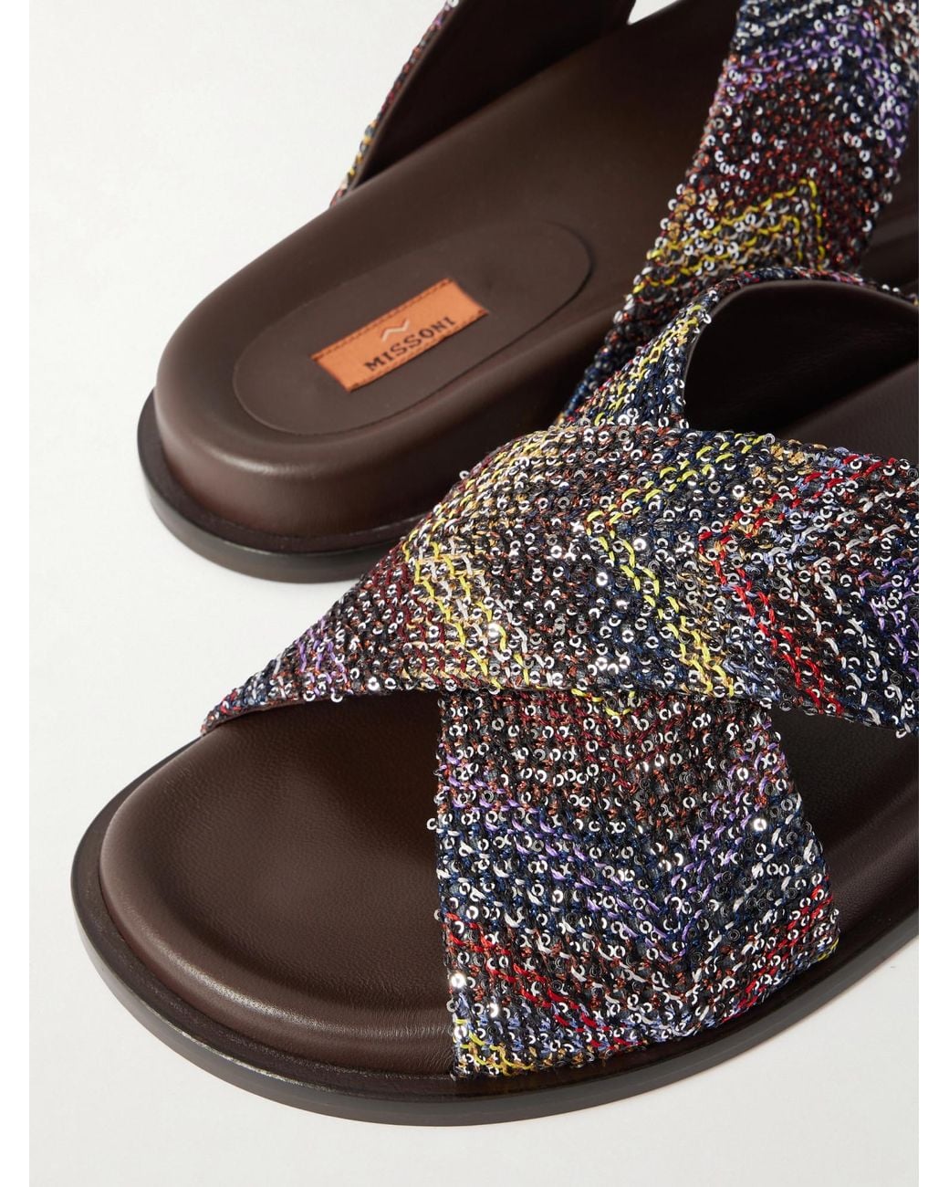 Missoni Brown Sequin-Embellished Striped Woven Sandals
