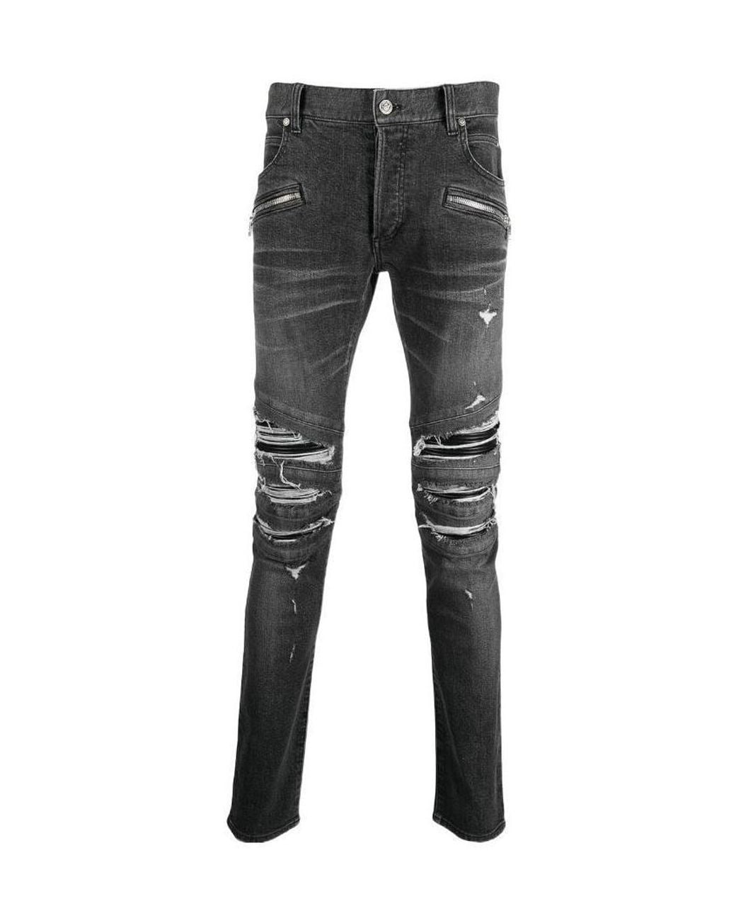 Balmain Gray Slim-Cut Ripped Cotton Jeans With Synthetic Leather Panels for men
