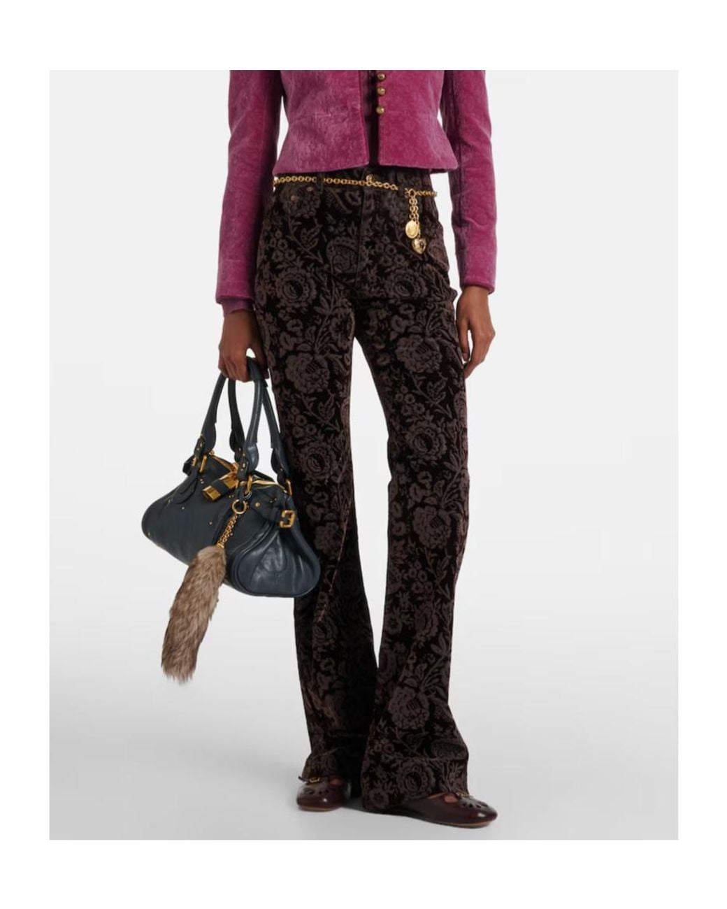 Chloé Black Floral High-Rise Velvet Straight Pants