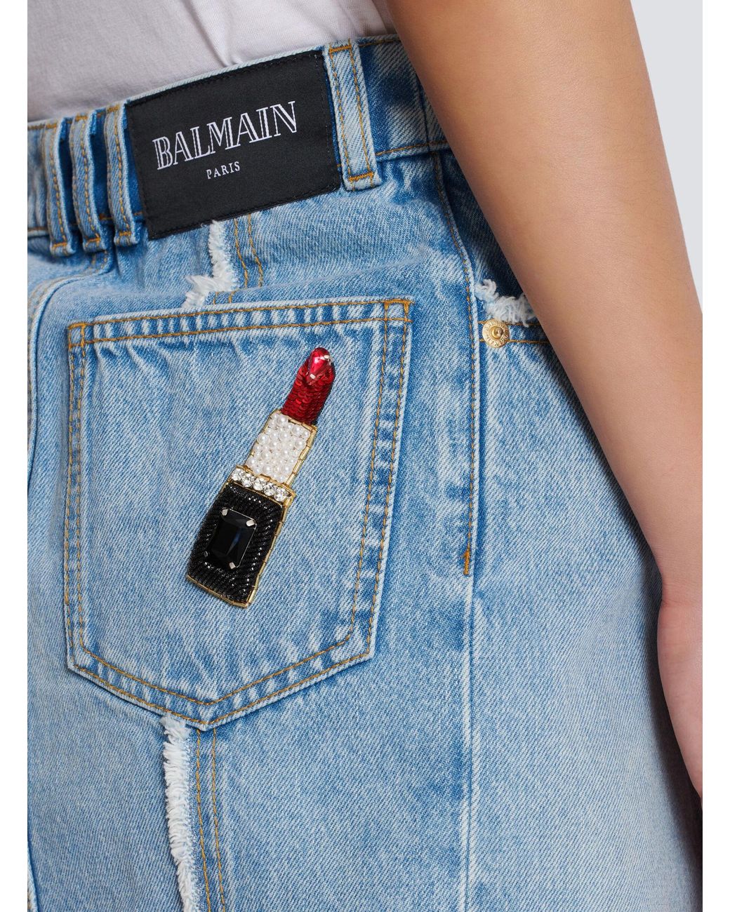 Balmain Blue Logo Patch Denim Mini Skirt