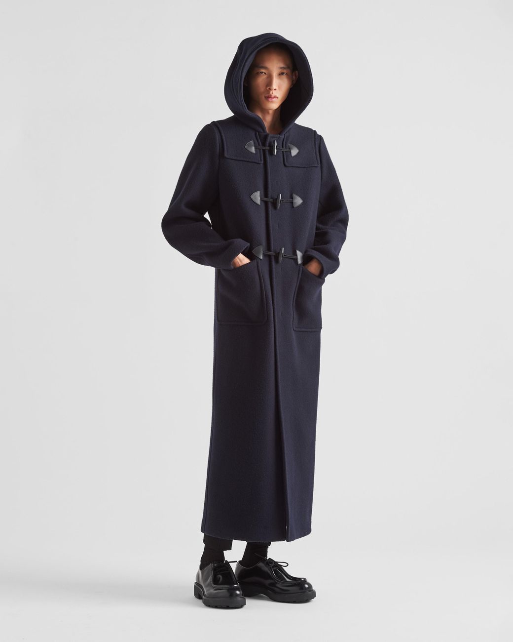 Prada Blue Double-Breasted Hooded Duffle Coat for men