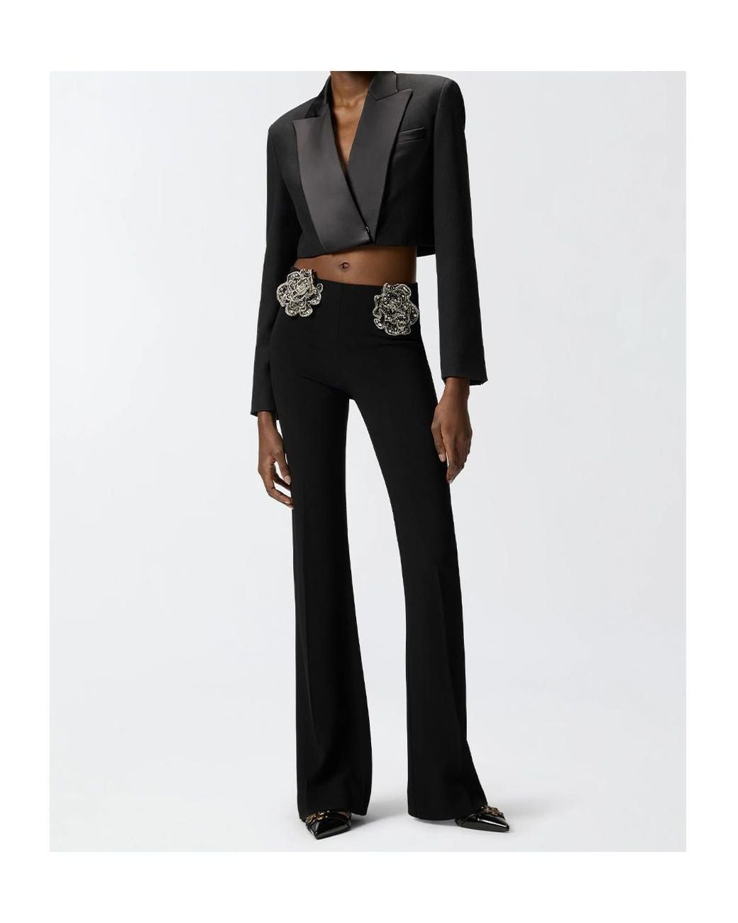 Pinko Black Floral-Appliqué Flared Trousers