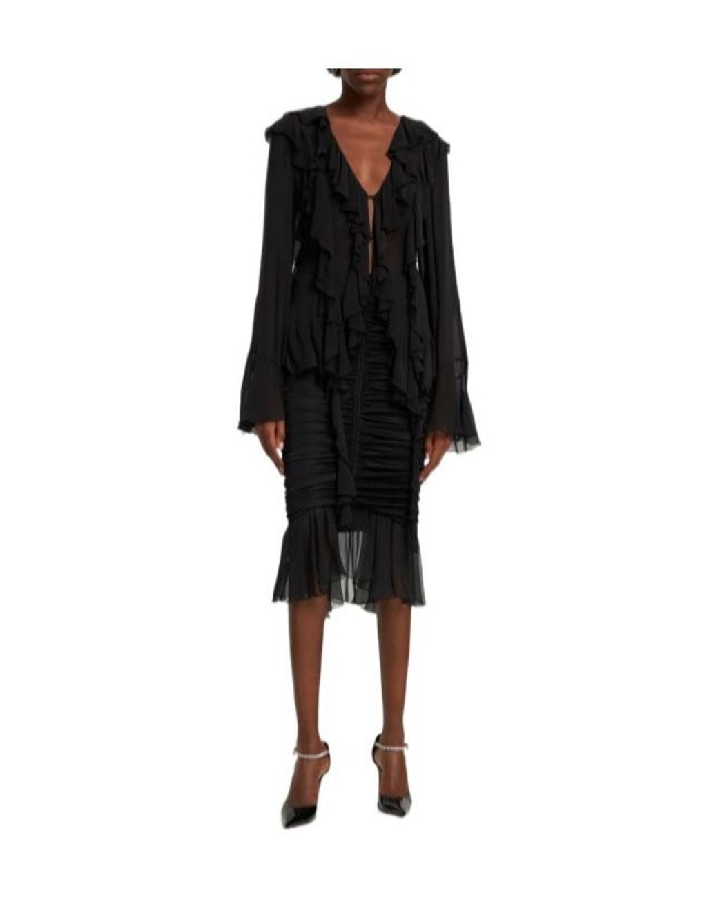 Blumarine Black Jersey Chiffon Draped Midi Skirt