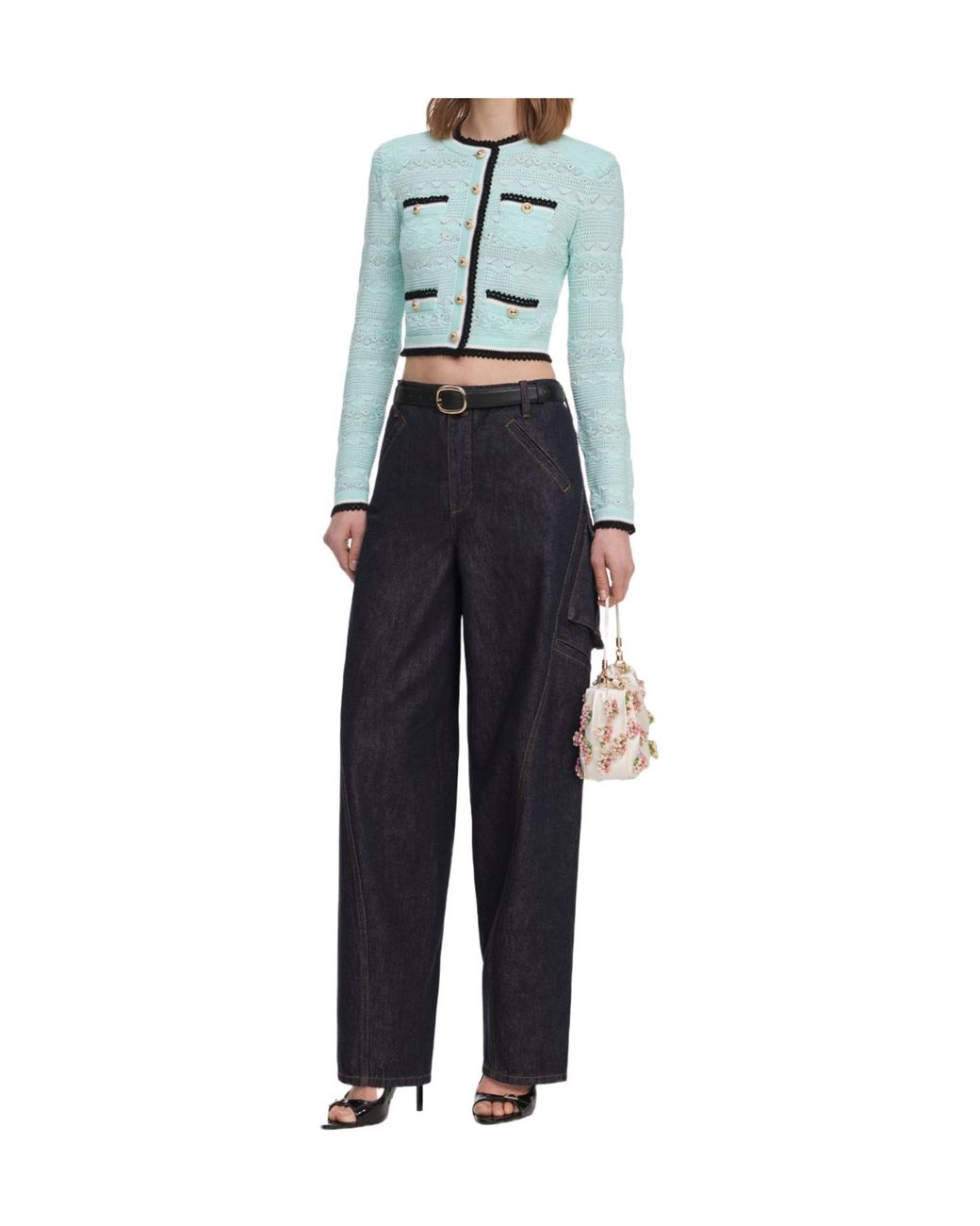 Self-Portrait Blue Pointelle Cropped Cardigan