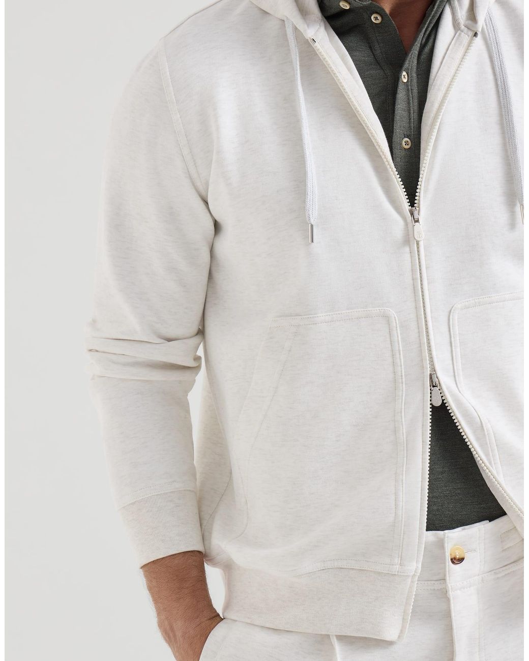 Brunello Cucinelli White Techno Cotton French Terry Double Cloth Hooded Sweatshirt With Zipper for men