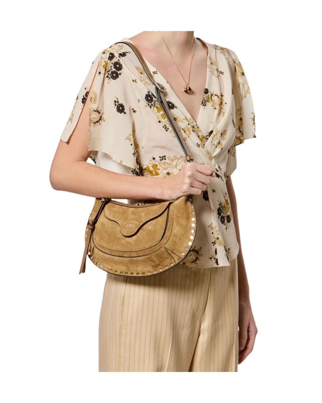 Isabel Marant Natural Oskan Moon Studded Shoulder Bag