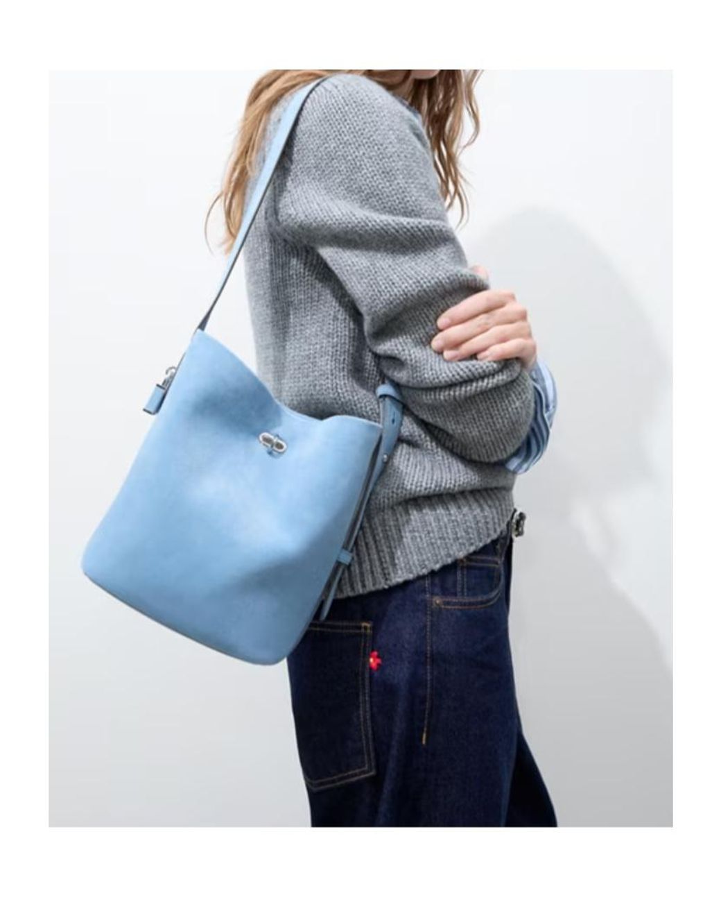 Tory Burch Blue Medium Lock Suede Slim Bucket Bag