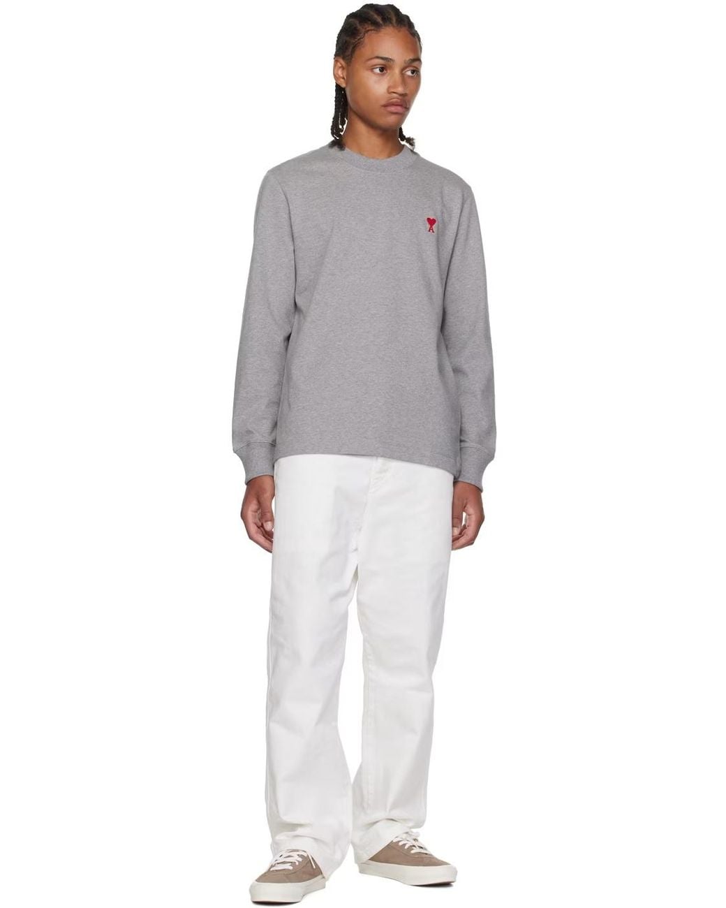 AMI Gray Round Collar And Long-Sleeved T-Shirt for men