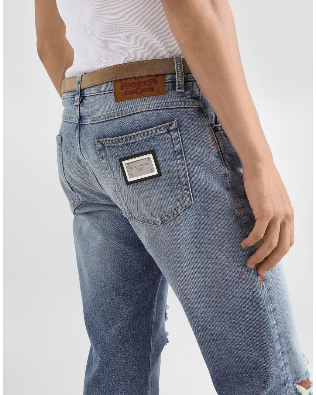 Dolce & Gabbana Blue Ripped Logo-Plaque Jeans for men